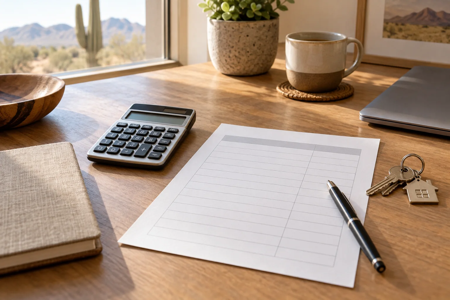 Blank cash-to-close worksheet, calculator and house keys on a sunlit desk