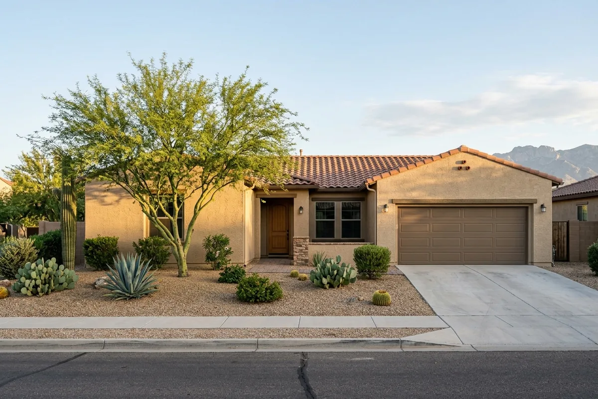 Single-story stucco home with a tile roof, two-car garage and desert landscaping in warm afternoon light